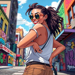 A dynamic and expressive artwork featuring a confident and playful person in a vibrant urban setting, playfully patting their own backside