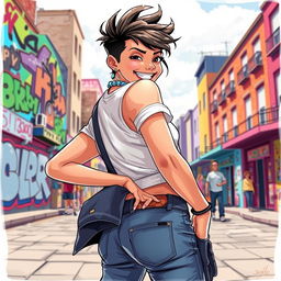 A dynamic and expressive artwork featuring a confident and playful person in a vibrant urban setting, playfully patting their own backside