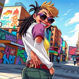 A dynamic and expressive artwork featuring a confident and playful person in a vibrant urban setting, playfully patting their own backside