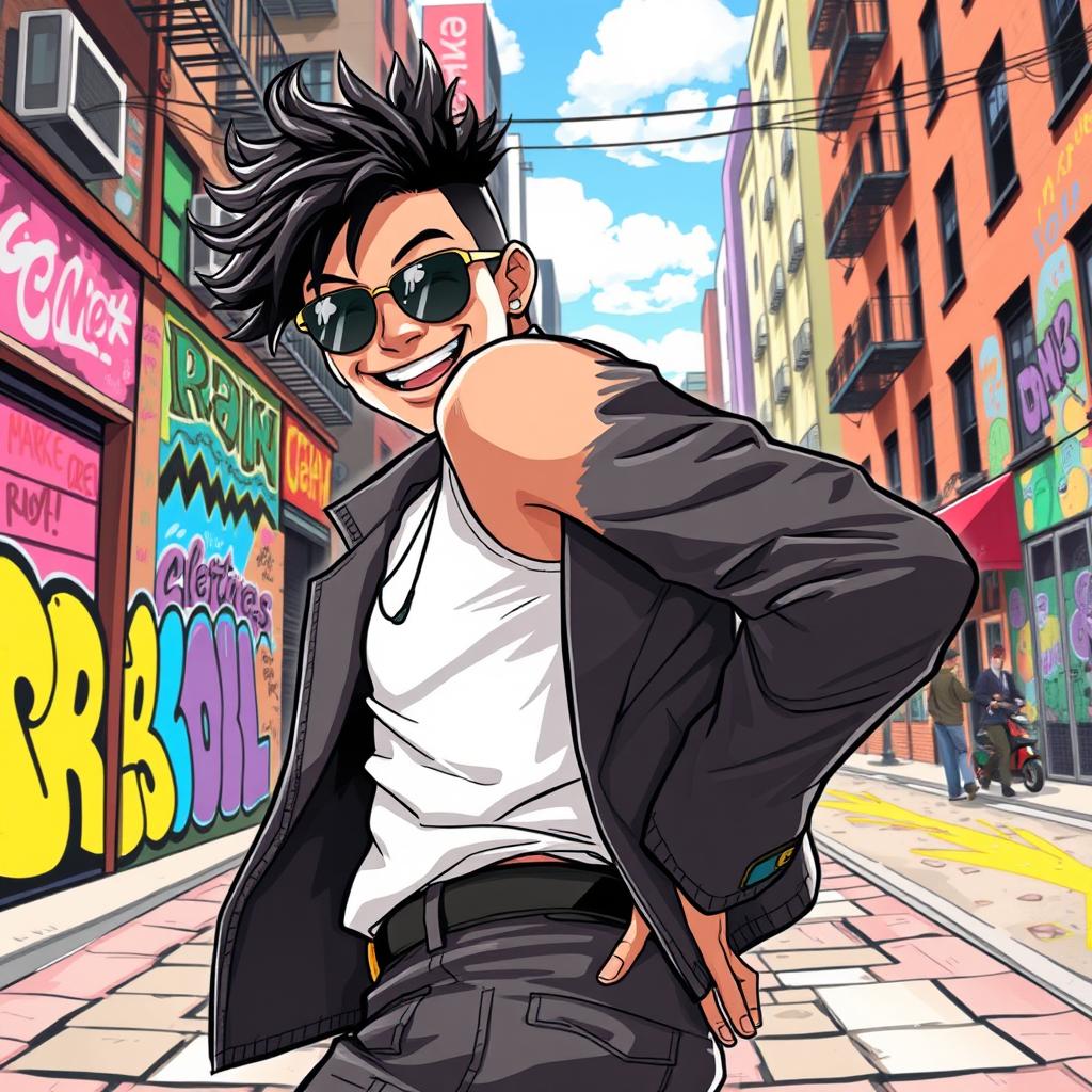 A dynamic and expressive artwork featuring a confident and playful person in a vibrant urban setting, playfully patting their own backside