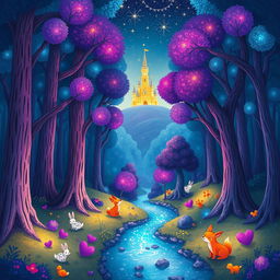 A whimsical and vibrant illustration of a magical forest, filled with towering trees that have glowing leaves in shades of purple and blue