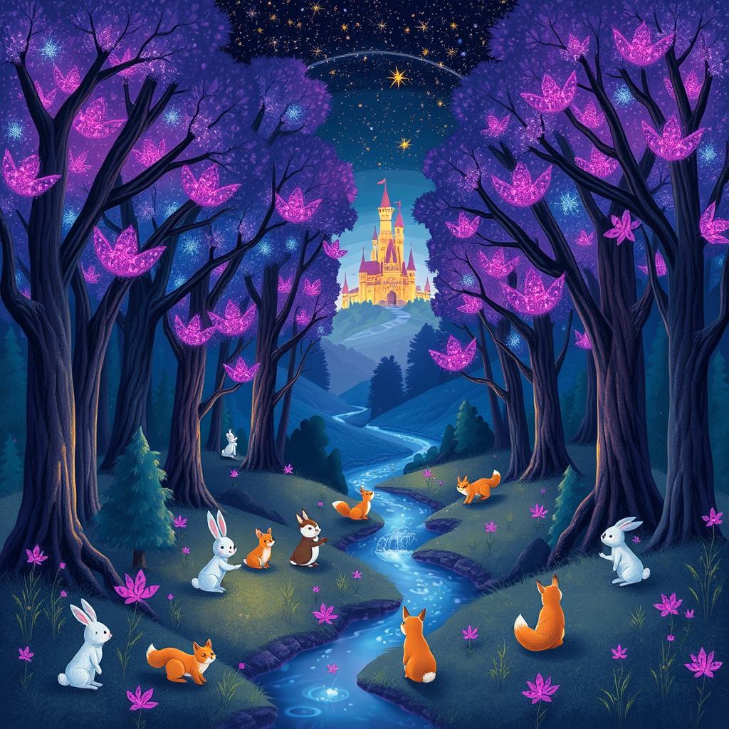 A whimsical and vibrant illustration of a magical forest, filled with towering trees that have glowing leaves in shades of purple and blue