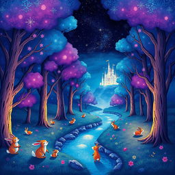 A whimsical and vibrant illustration of a magical forest, filled with towering trees that have glowing leaves in shades of purple and blue