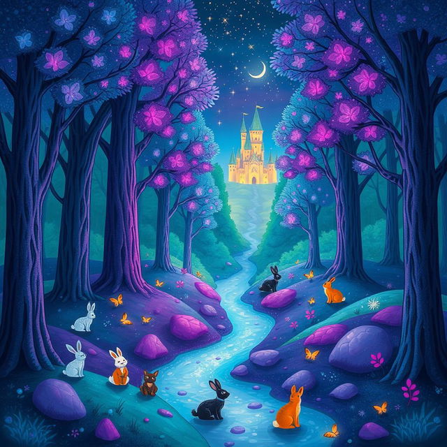A whimsical and vibrant illustration of a magical forest, filled with towering trees that have glowing leaves in shades of purple and blue