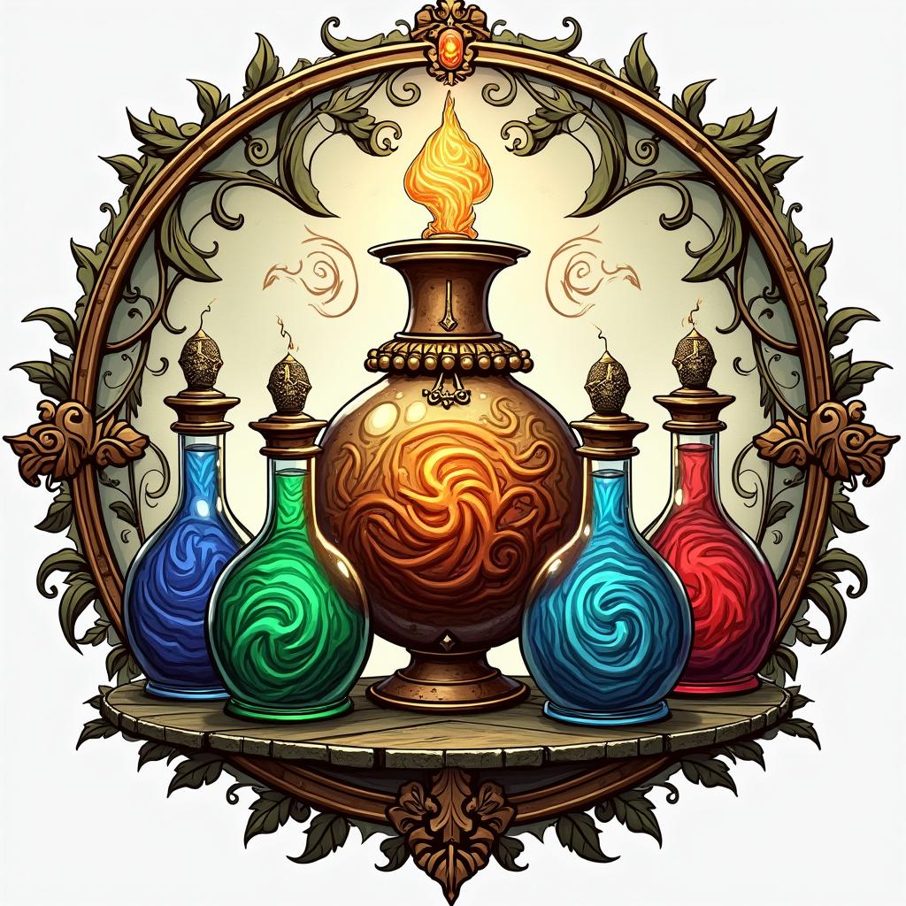 An intricate and emblematic symbol representing an alchemy guild, featuring a central motif of an ornate alembic surrounded by various potions in colorful glass bottles