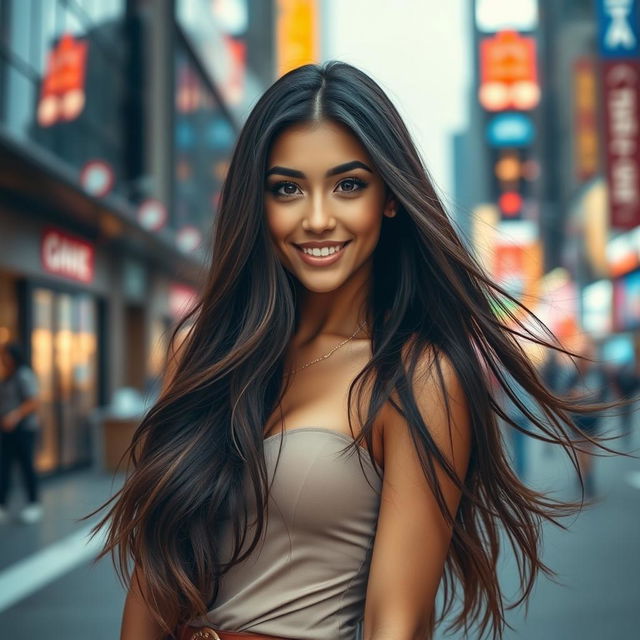 A stunningly attractive young woman with long flowing hair, wearing a fashionable outfit, confidently posing in an urban setting