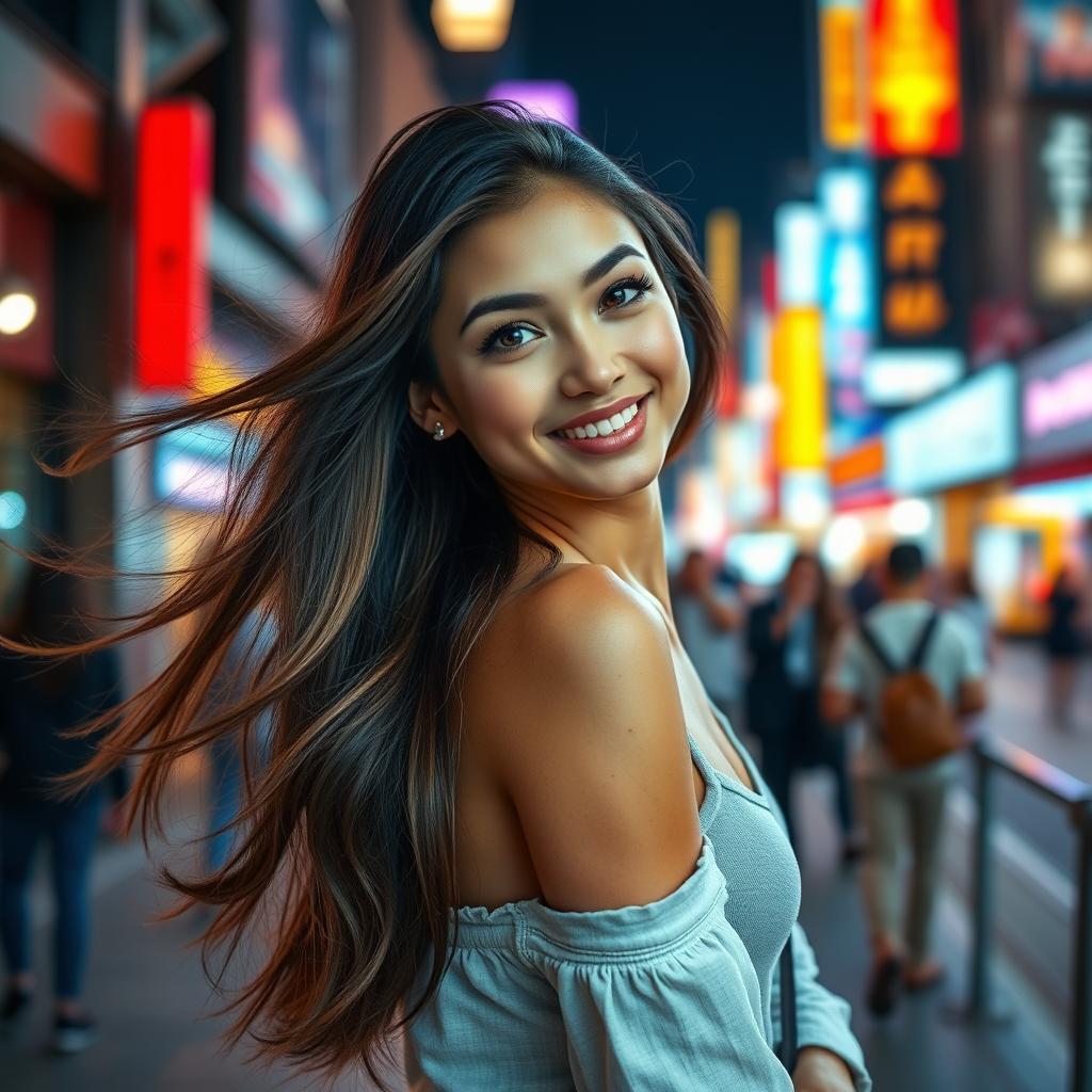 A stunningly attractive young woman with long flowing hair, wearing a fashionable outfit, confidently posing in an urban setting