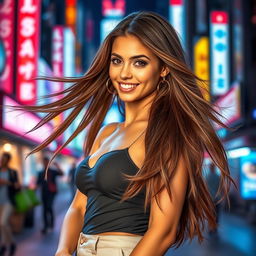 A stunningly attractive young woman with long flowing hair, wearing a fashionable outfit, confidently posing in an urban setting
