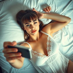 A 32-year-old woman lying on a bed, one hand holding a selfie stick with a phone attached at the end, capturing a selfie