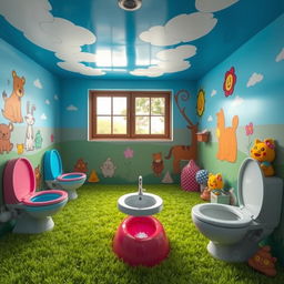 A fantastical 'poop room' filled with whimsical elements, featuring oversized toilet seats made of colorful jelly, walls adorned with playful cartoonish designs of animals using the bathroom, and a ceiling painted like a bright blue sky with fluffy clouds
