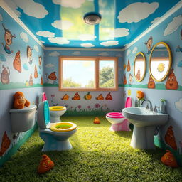 A fantastical 'poop room' filled with whimsical elements, featuring oversized toilet seats made of colorful jelly, walls adorned with playful cartoonish designs of animals using the bathroom, and a ceiling painted like a bright blue sky with fluffy clouds