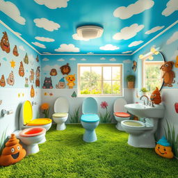 A fantastical 'poop room' filled with whimsical elements, featuring oversized toilet seats made of colorful jelly, walls adorned with playful cartoonish designs of animals using the bathroom, and a ceiling painted like a bright blue sky with fluffy clouds