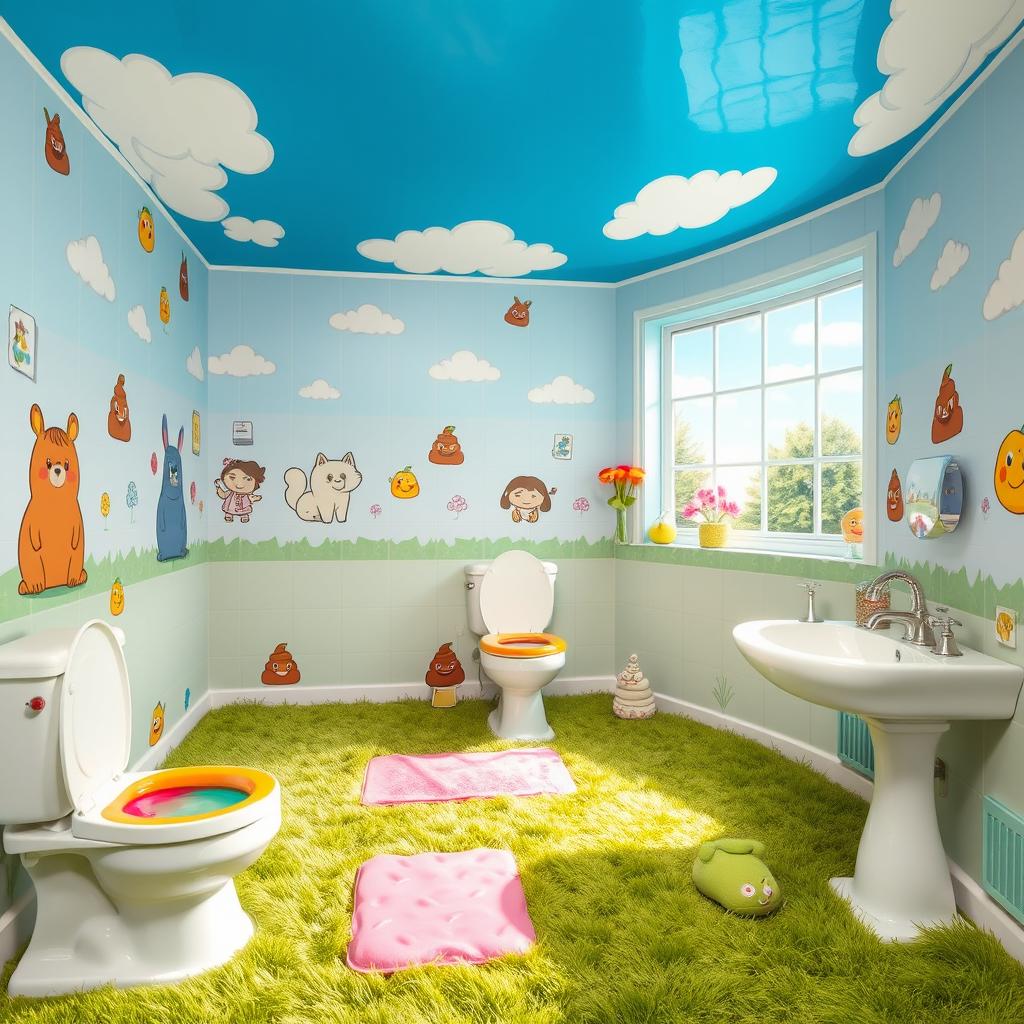 A fantastical 'poop room' filled with whimsical elements, featuring oversized toilet seats made of colorful jelly, walls adorned with playful cartoonish designs of animals using the bathroom, and a ceiling painted like a bright blue sky with fluffy clouds