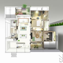 Architectural design of a living space with a 40' width by 30' length area including two bedrooms, a hall, a visitor room, a kitchen, a common washroom, and a stair lobby.