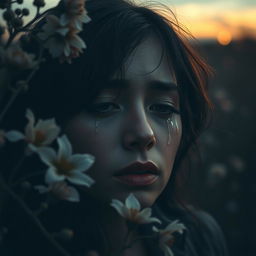 An emotional scene depicting a person crying in a poetic setting, surrounded by soft, melancholic elements like wilting flowers, dim light filtering through shadows, with tears glistening on their cheeks