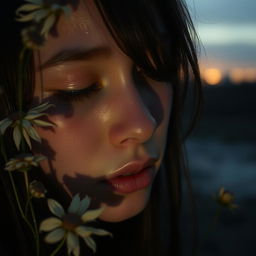 An emotional scene depicting a person crying in a poetic setting, surrounded by soft, melancholic elements like wilting flowers, dim light filtering through shadows, with tears glistening on their cheeks