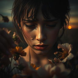 An emotional scene depicting a person crying in a poetic setting, surrounded by soft, melancholic elements like wilting flowers, dim light filtering through shadows, with tears glistening on their cheeks
