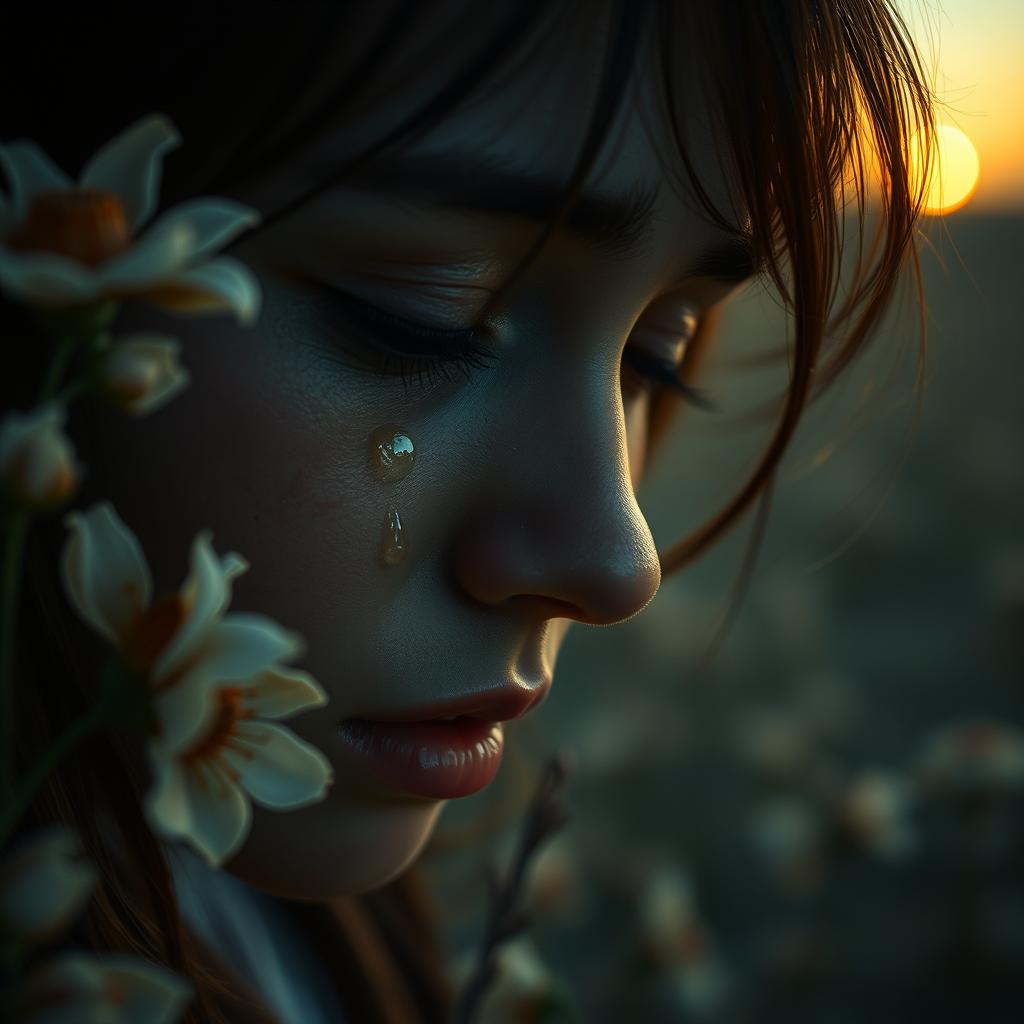An emotional scene depicting a person crying in a poetic setting, surrounded by soft, melancholic elements like wilting flowers, dim light filtering through shadows, with tears glistening on their cheeks