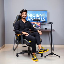 A 25-year-old beautiful Pakistani boy sits confidently on a sleek black gaming chair with vibrant yellow accents