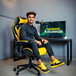 A 25-year-old beautiful Pakistani boy sits confidently on a sleek black gaming chair with vibrant yellow accents