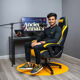 A 25-year-old beautiful Pakistani boy sits confidently on a sleek black gaming chair with vibrant yellow accents