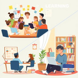 Two graphic illustrations depicting distinct learning methods