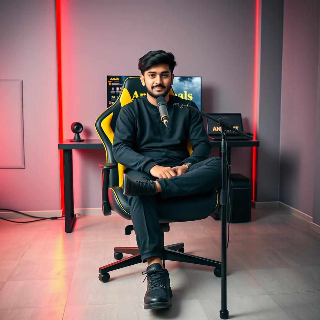 A 25-year-old beautiful Pakistani boy sitting on a sleek black gaming chair with a studio-like appearance, facing directly towards the camera