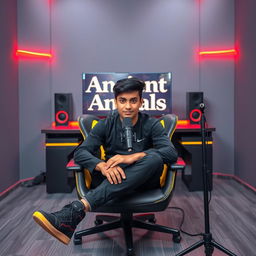 A 25-year-old beautiful Pakistani boy sitting on a sleek black gaming chair with a studio-like appearance, facing directly towards the camera