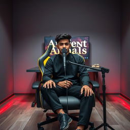 A 25-year-old beautiful Pakistani boy sitting on a sleek black gaming chair with a studio-like appearance, facing directly towards the camera
