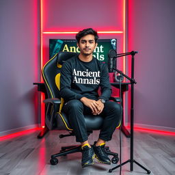 A 25-year-old beautiful Pakistani boy sitting on a sleek black gaming chair with a studio-like appearance, facing directly towards the camera