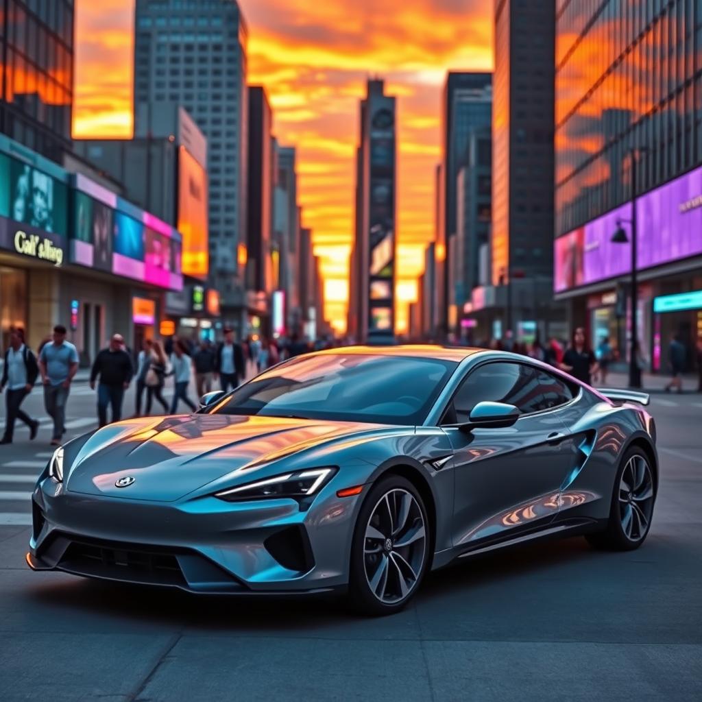 A sleek, modern car parked against a dynamic urban backdrop, showcasing a stunning sunset with vibrant colors illuminating the sky