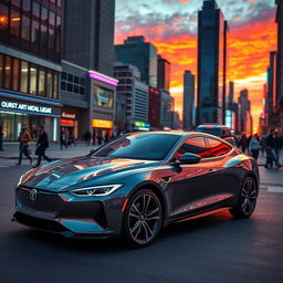 A sleek, modern car parked against a dynamic urban backdrop, showcasing a stunning sunset with vibrant colors illuminating the sky