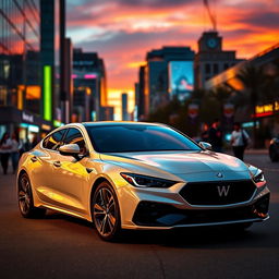 A sleek, modern car parked against a dynamic urban backdrop, showcasing a stunning sunset with vibrant colors illuminating the sky