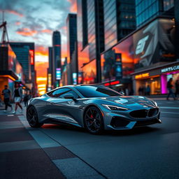 A sleek, modern car parked against a dynamic urban backdrop, showcasing a stunning sunset with vibrant colors illuminating the sky