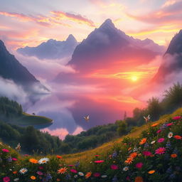 A mystical and enchanting landscape depicting a gorgeous valley surrounded by majestic mountains, shrouded in mist