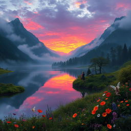 A mystical and enchanting landscape depicting a gorgeous valley surrounded by majestic mountains, shrouded in mist