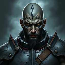 A male goliath warrior with dark gray skin and a shaved head, emphasizing his muscular build as a fist fighter