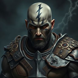 A male goliath warrior with dark gray skin and a shaved head, emphasizing his muscular build as a fist fighter