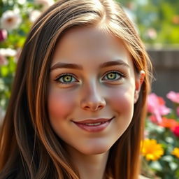 A highly detailed and realistic portrait of a young adult with captivating green eyes and long, flowing brown hair