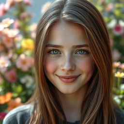 A highly detailed and realistic portrait of a young adult with captivating green eyes and long, flowing brown hair