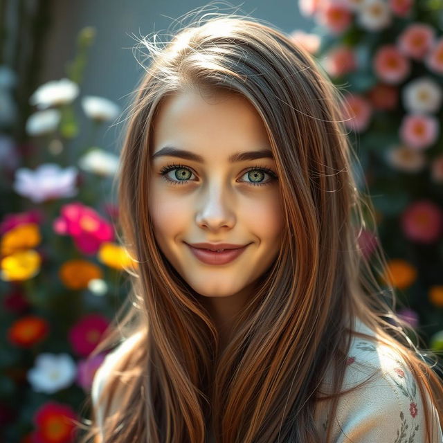 A highly detailed and realistic portrait of a young adult with captivating green eyes and long, flowing brown hair