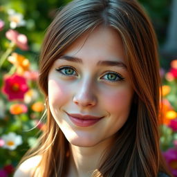 A highly detailed and realistic portrait of a young adult with captivating green eyes and long, flowing brown hair