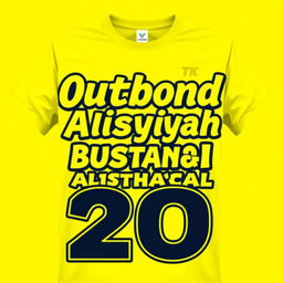 A vibrant yellow t-shirt featuring bold, eye-catching typography that reads "Outbond TK Aisyiyah Bustanul Athfal 20" in an engaging design