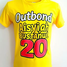 A vibrant yellow t-shirt featuring bold, eye-catching typography that reads "Outbond TK Aisyiyah Bustanul Athfal 20" in an engaging design