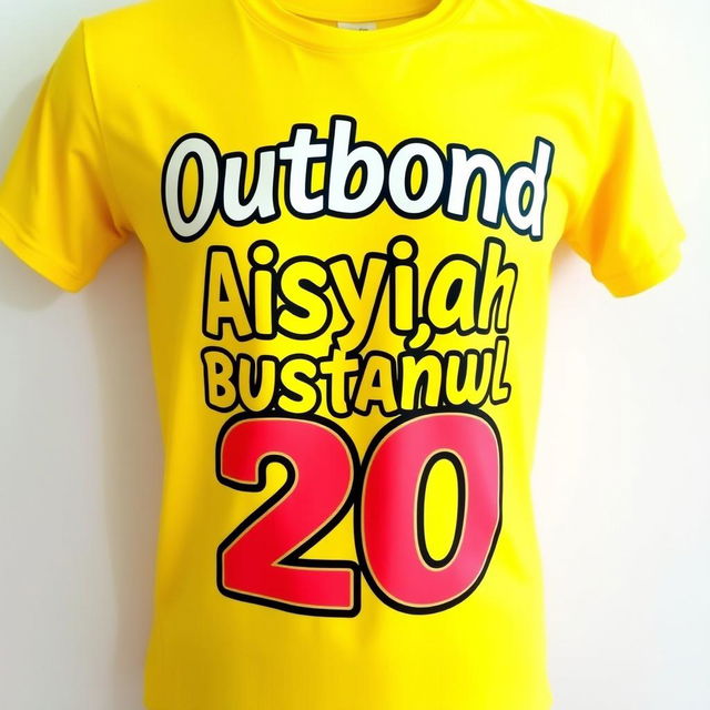 A vibrant yellow t-shirt featuring bold, eye-catching typography that reads "Outbond TK Aisyiyah Bustanul Athfal 20" in an engaging design