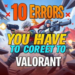A vibrant and engaging YouTube thumbnail design featuring the title '10 Errors You Have to Correct in Valorant' in bold, eye-catching text