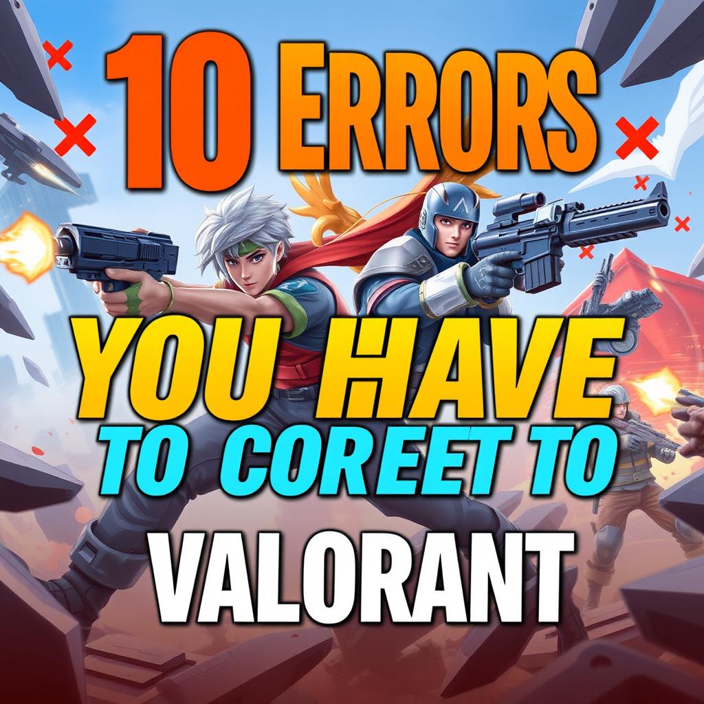 A vibrant and engaging YouTube thumbnail design featuring the title '10 Errors You Have to Correct in Valorant' in bold, eye-catching text