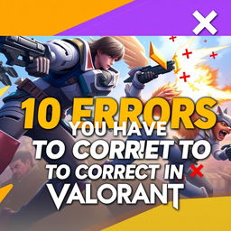A vibrant and engaging YouTube thumbnail design featuring the title '10 Errors You Have to Correct in Valorant' in bold, eye-catching text