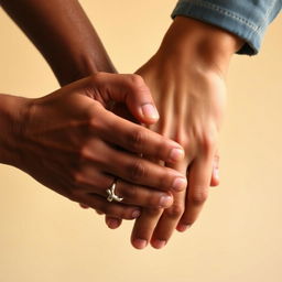 Three hands shaking in a gesture of friendship and unity, featuring diverse skin tones to represent inclusivity