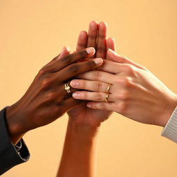 Three hands shaking in a gesture of friendship and unity, featuring diverse skin tones to represent inclusivity